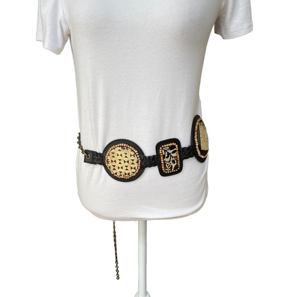 Chico\'s Boho Genuine Leather Medallion Chain Belt with‎ Embroidery Size: M/L main image 4